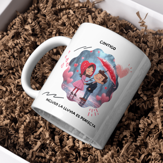 Taza personalizada "Bajo la lluvia" con diseño exclusivo para regalar.